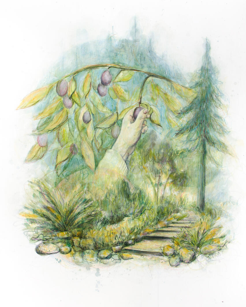 Eleanor Clagett, "Receive", 2024, watercolor, colored pencil, and acrylic on paper