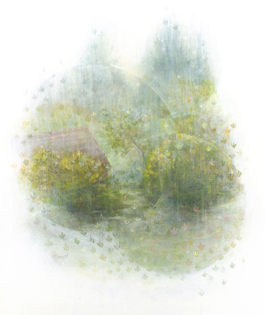 Eleanor Clagett, "Through Rain", 2024, watercolor, colored pencil, and acrylic on paper